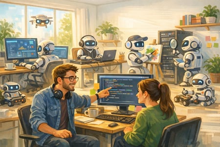 senior engineer teaching junior with engineers working in the background