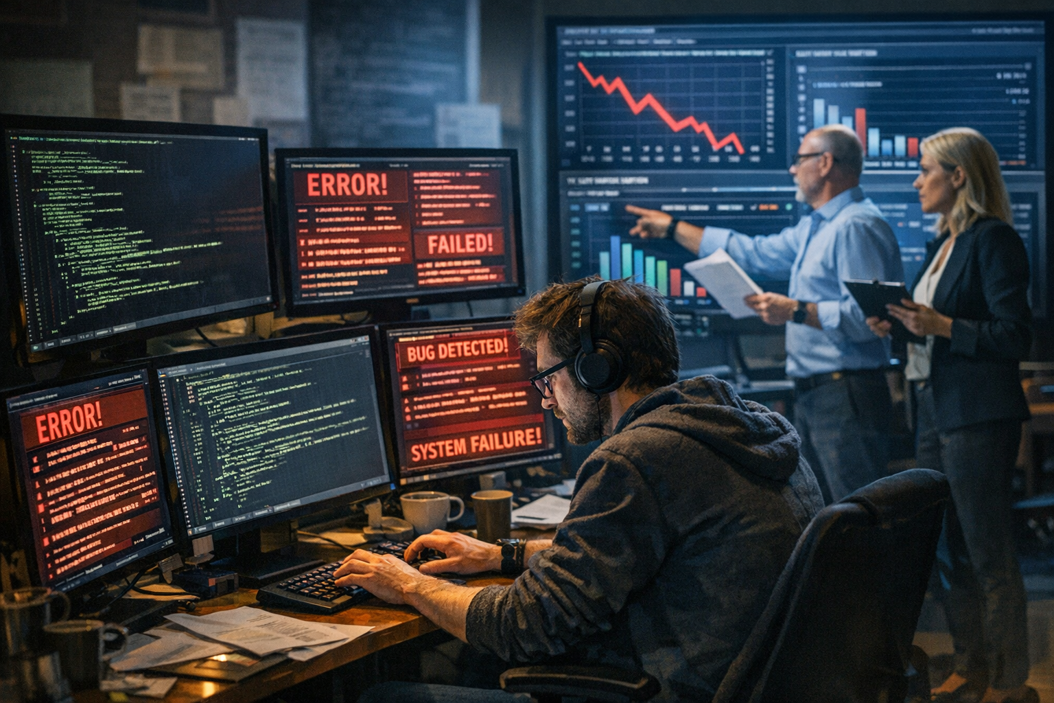 A developer codes trying to figure out errors while management wonders what is going on.
